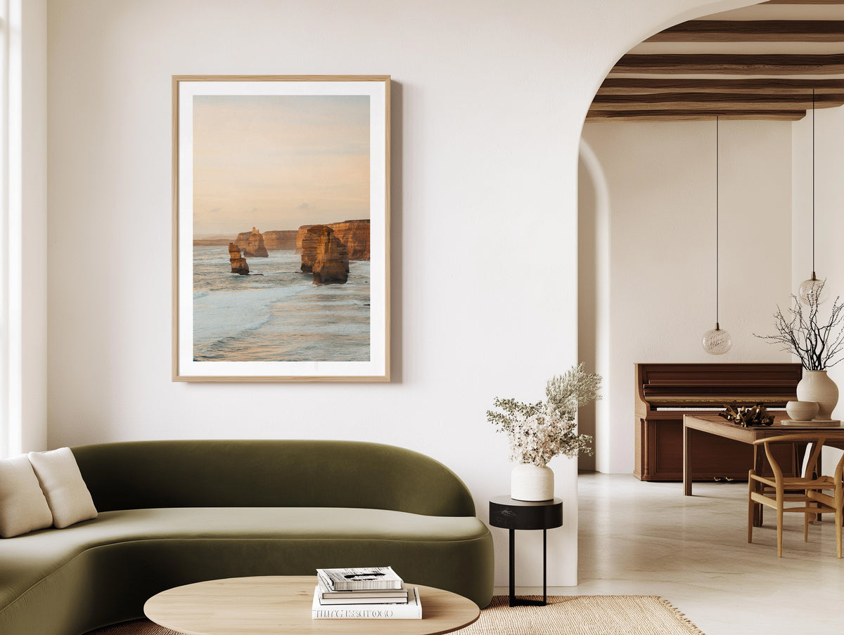 12 Painted Apostles Neutral in Great Ocean Road framed artwork displayed on a room wall