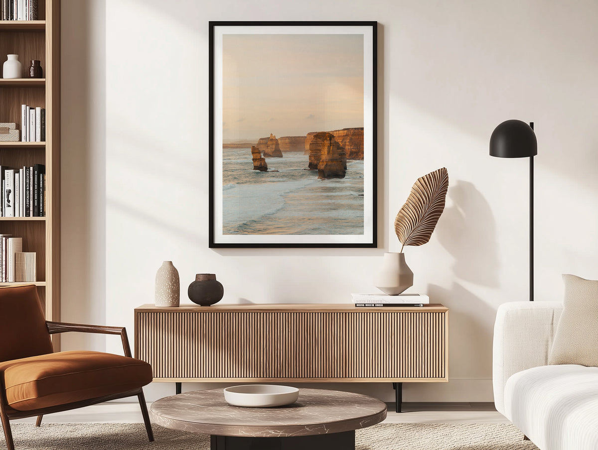 12 Painted Apostles Neutral in Great Ocean Road framed artwork displayed in an interior