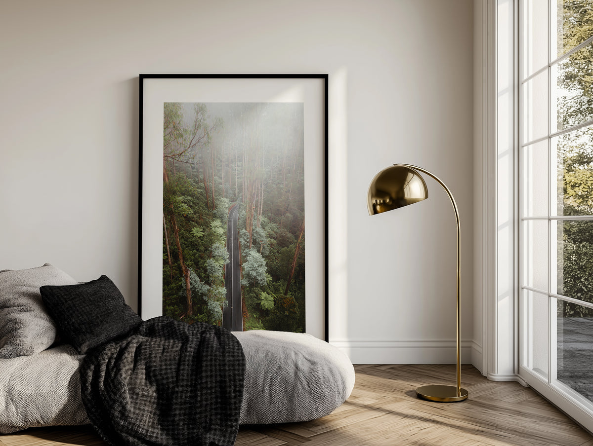 Black Spur Drive Aerial II in Narbethong framed artwork displayed in an interior