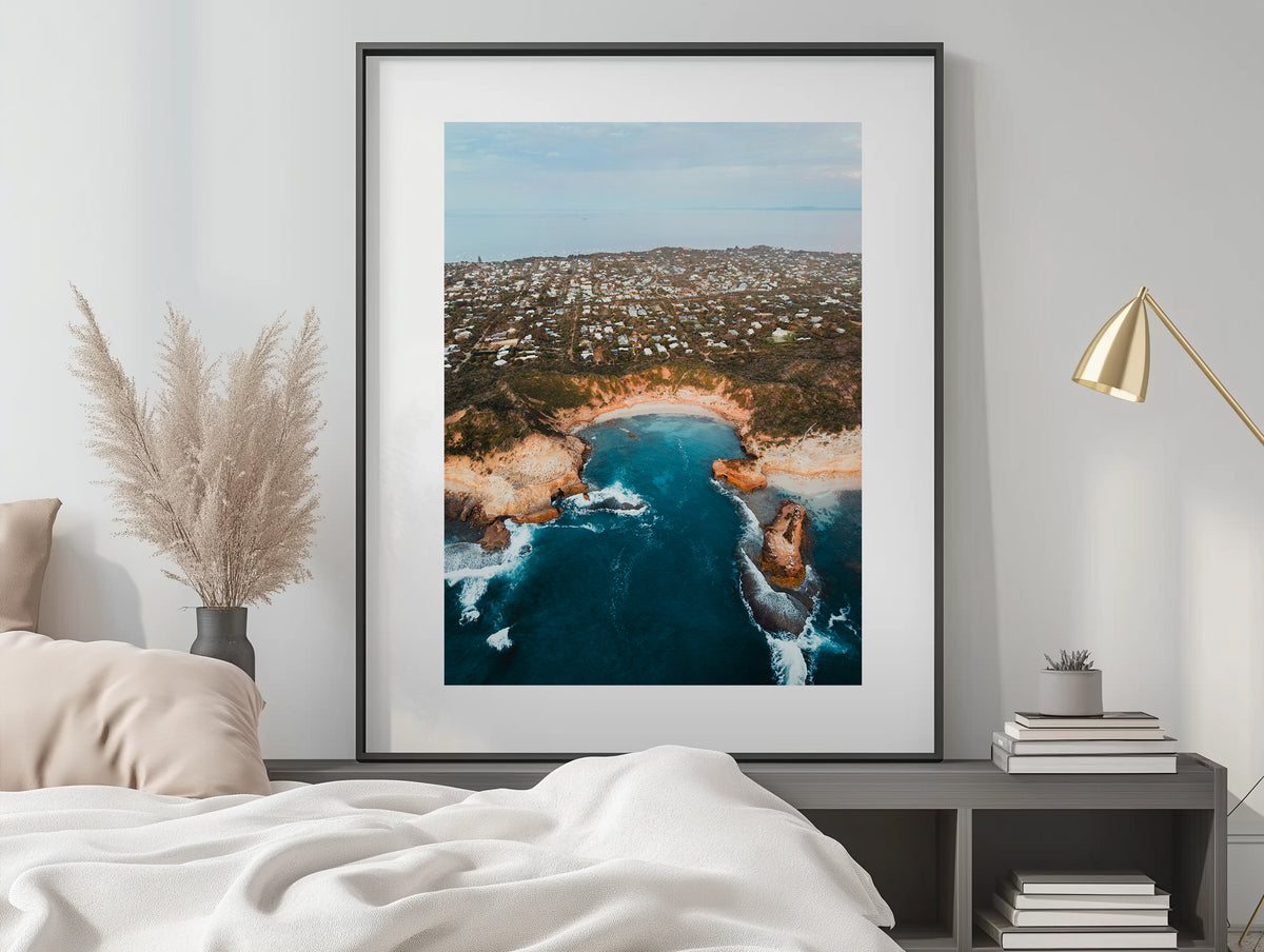 Diamond Bay Aerial in Sorrento framed artwork displayed on a room wall