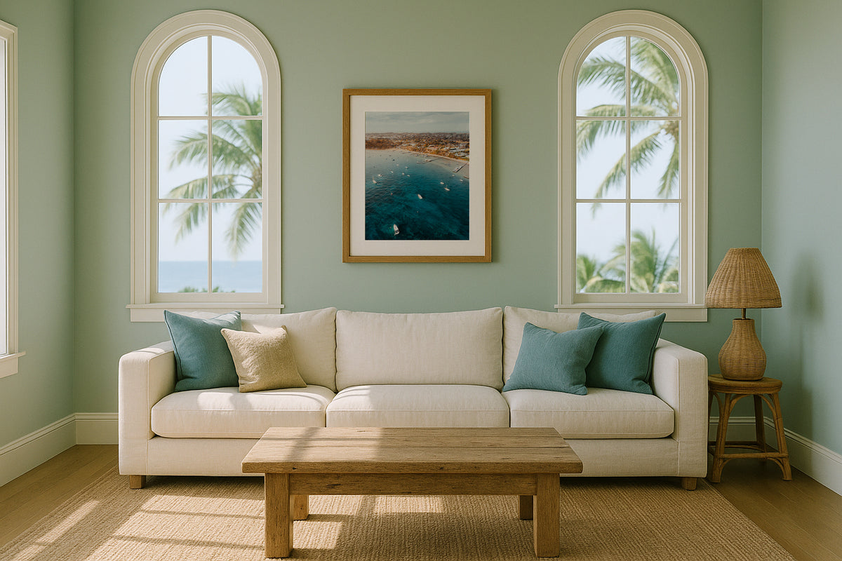 Millionaire's Walk Bay Aerial in Sorrento framed artwork displayed on a room wall