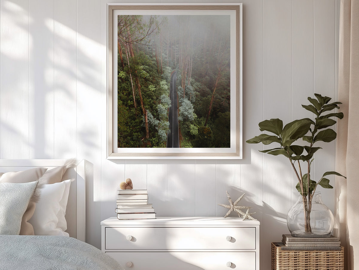 Black Spur Drive Aerial II in Narbethong framed artwork displayed on a room wall