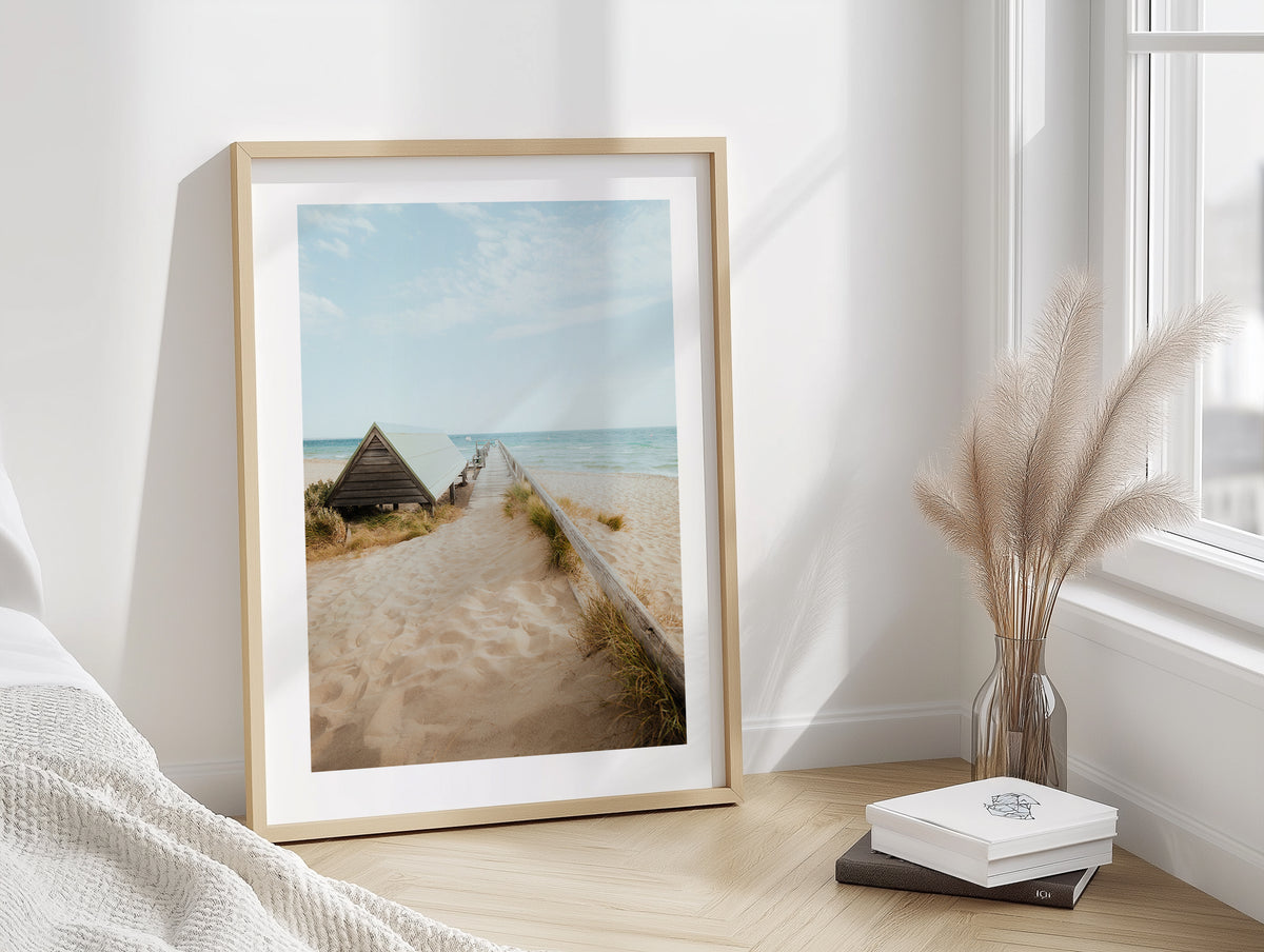Point King Beach Pier in Sorrento framed artwork displayed on a room wall