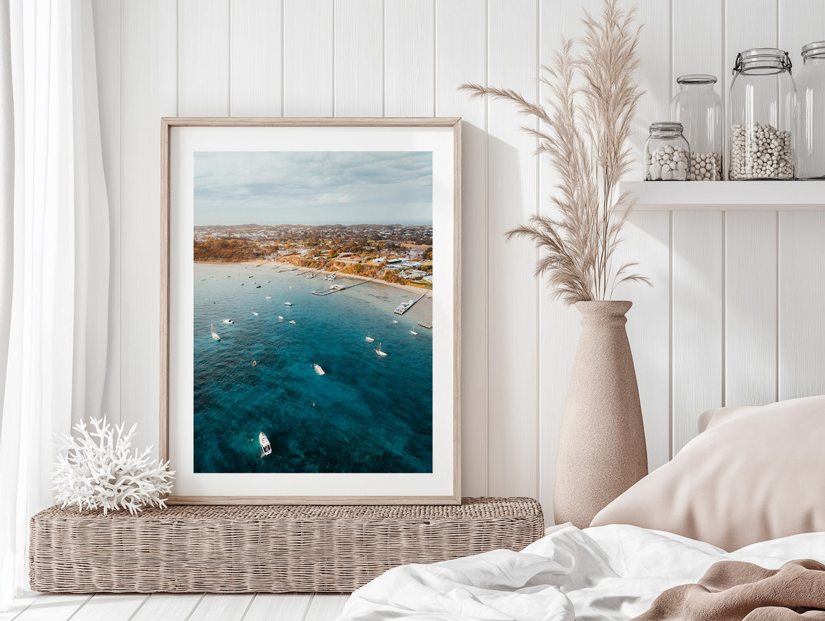 Millionaire's Walk Bay Aerial in Sorrento framed artwork displayed in an interior