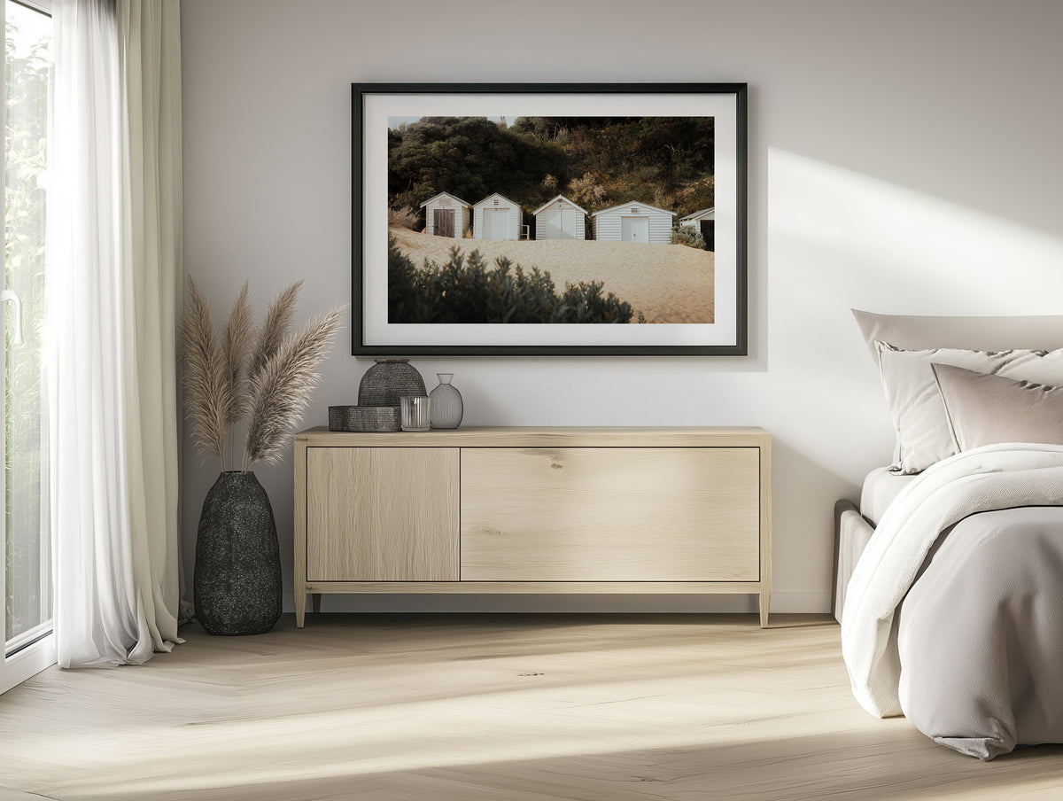 Point King Beach Huts in Sorrento framed artwork displayed on a room wall