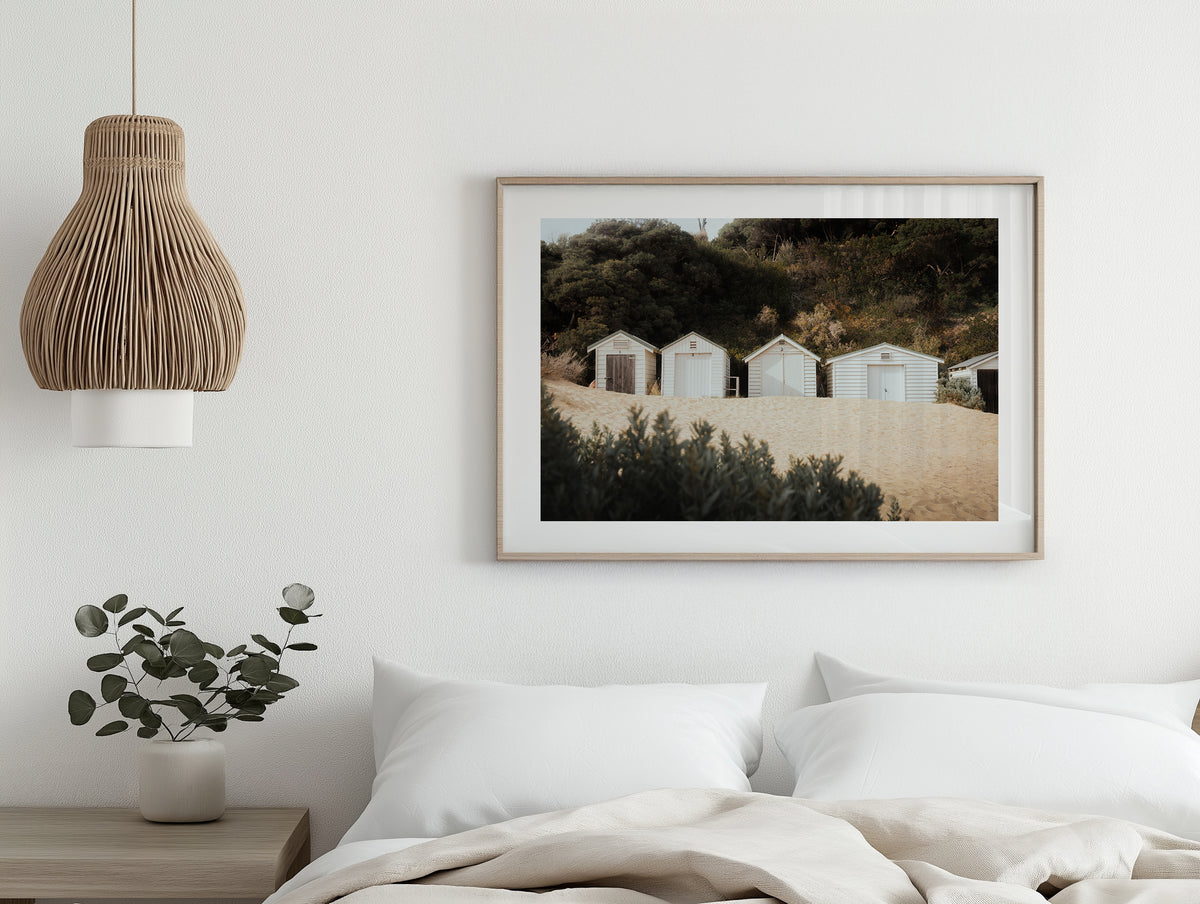 Point King Beach Huts in Sorrento framed artwork displayed in an interior