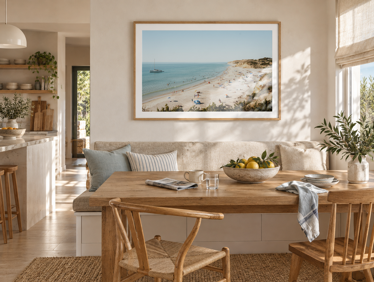Port Willunga Beach Summer Day framed artwork displayed in a breakfast nook