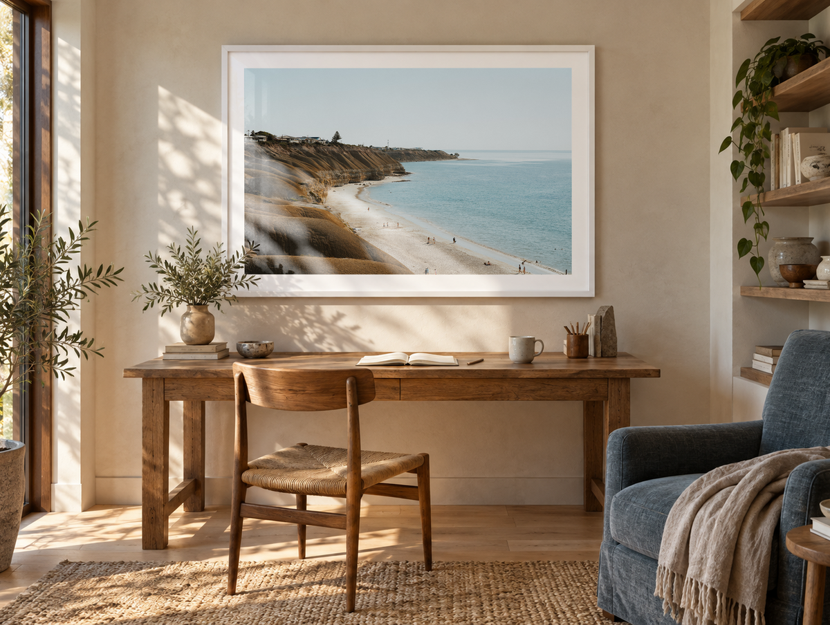 Port Willunga Beach Golden Afternoon framed artwork displayed in a home study