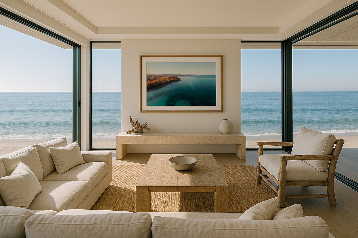 Moana coastline from above in South Australia framed artwork displayed on a room wall