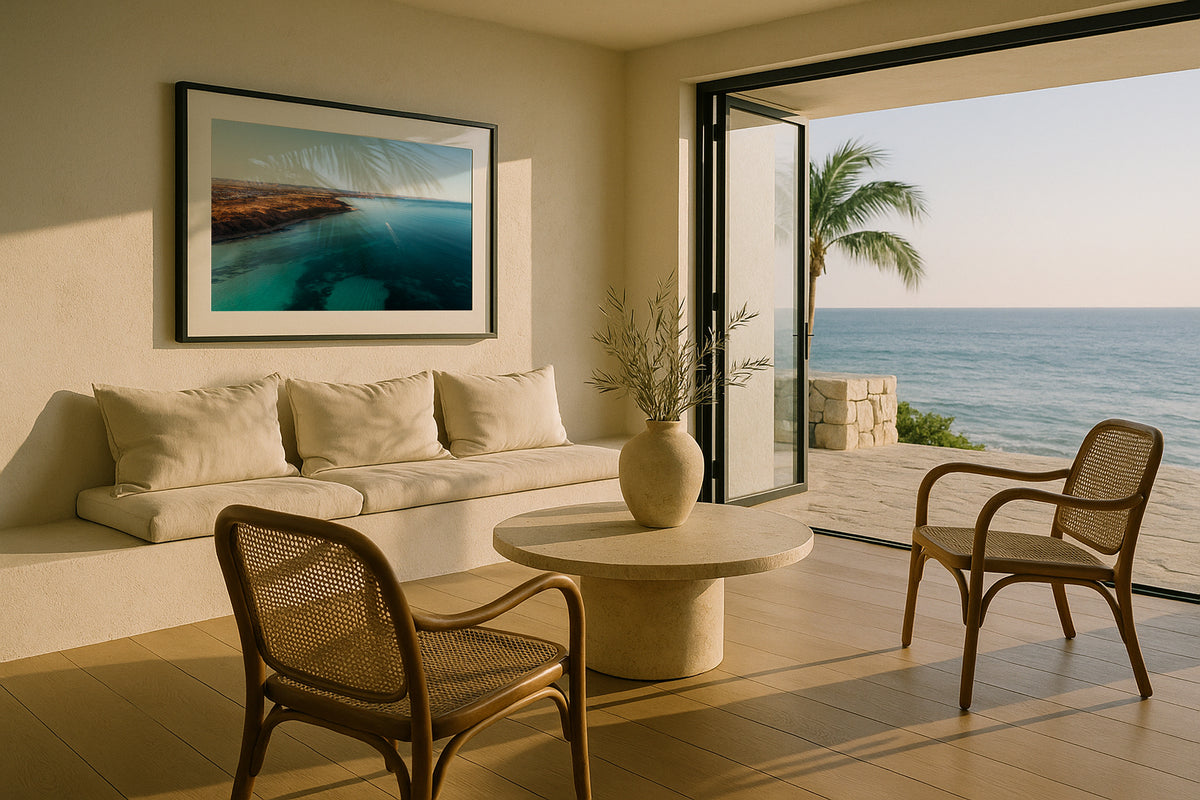 Moana coastline from above in South Australia framed artwork displayed in an interior