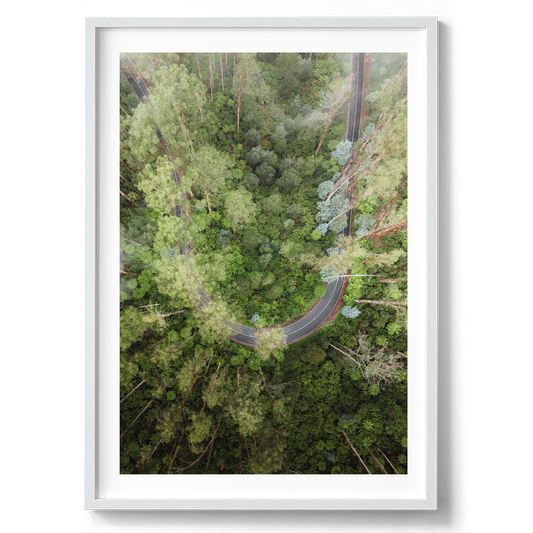 Black Spur Drive Aerial in Narbethong artwork presented in a white frame