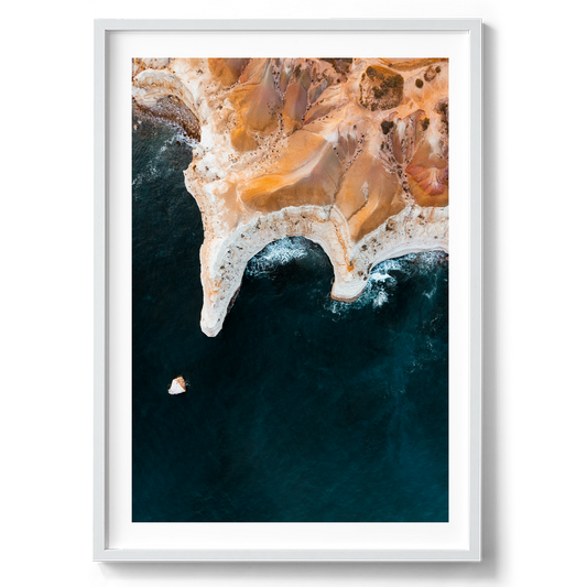 Blanche Point cove from above in South Australia artwork presented in a white frame
