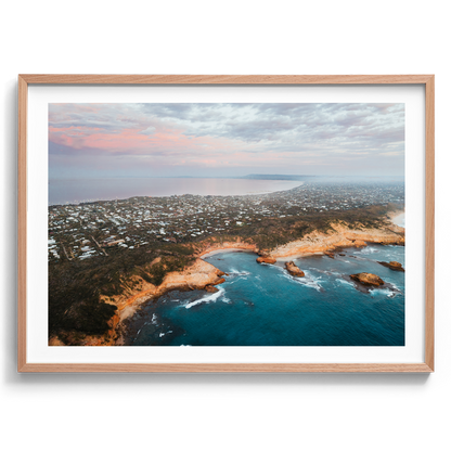 Diamond Bay Aerial II artwork presented in an oak frame