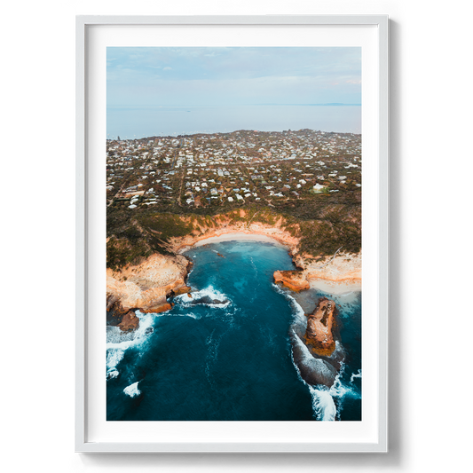 Diamond Bay Aerial in Sorrento artwork presented in a white frame