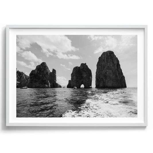 Faraglioni di Mezzo o Saetta III black and white in Capri artwork presented in a white frame