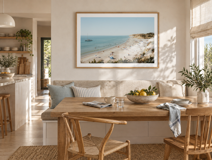 Port Willunga Beach Summer Day framed artwork displayed in a breakfast nook