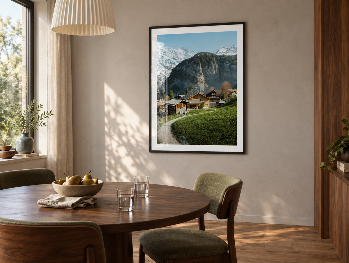 Swiss Village Living in Gimmelwald framed artwork displayed in an interior