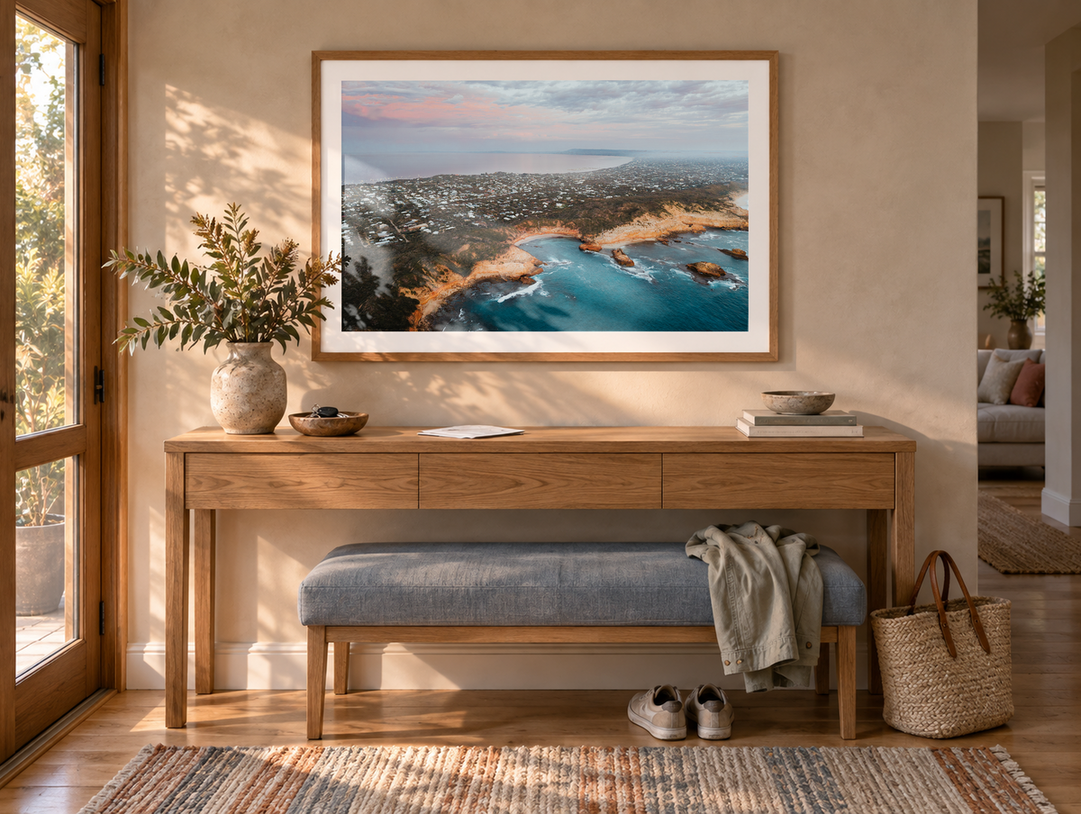 Diamond Bay Aerial II framed artwork displayed in an entry hall
