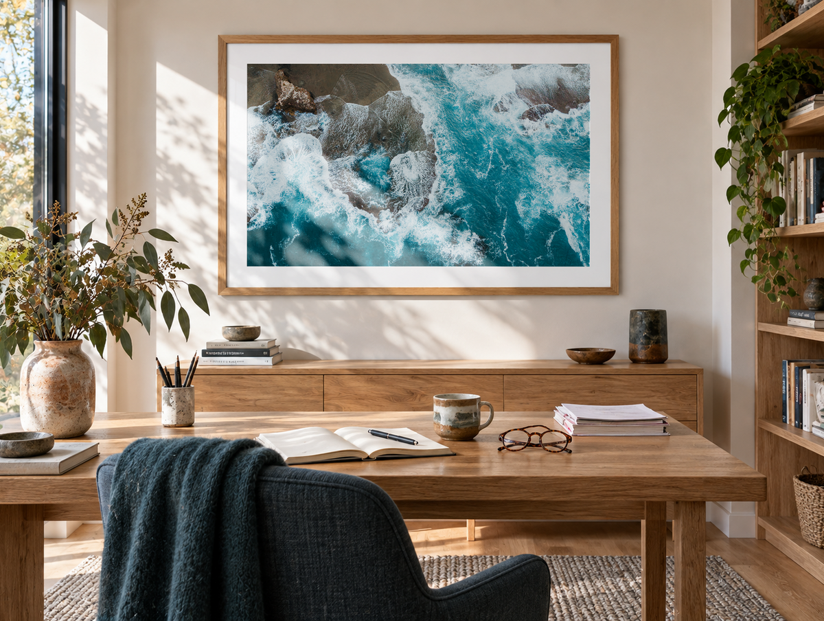 Number 16 Beach Aerial in Rye framed artwork displayed in a home study