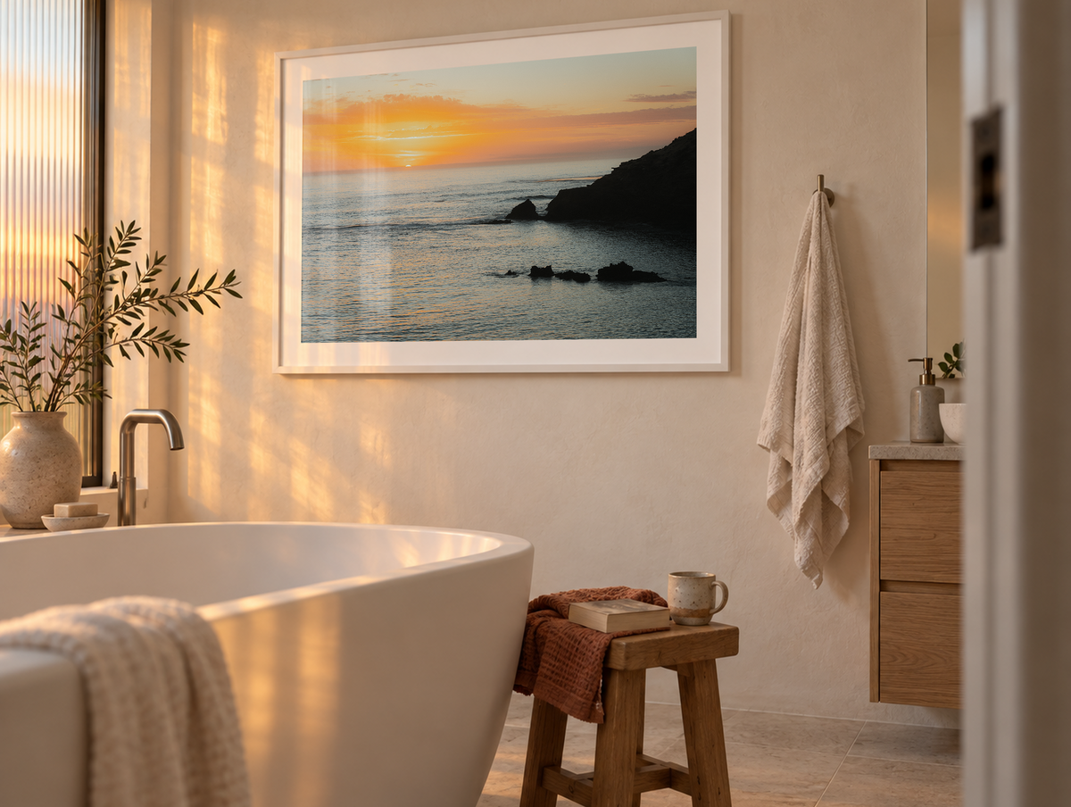 Last Light at Diamond Bay framed artwork displayed in a bathroom