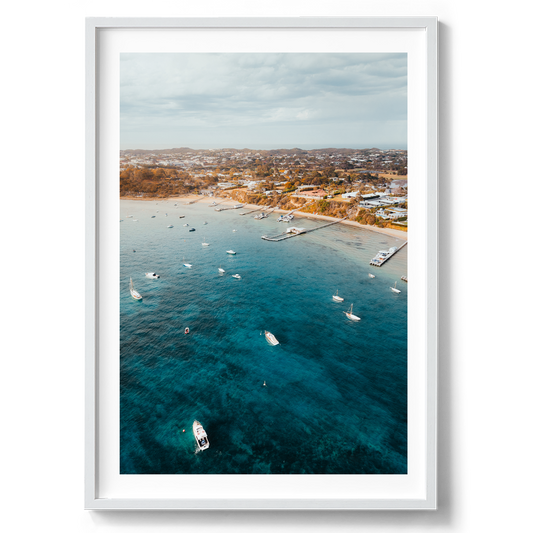 Millionaire's Walk Bay Aerial in Sorrento artwork presented in a white frame