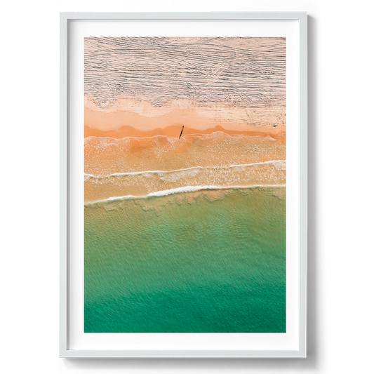 Orange and turquoise aerial shoreline in South Australia artwork presented in a white frame