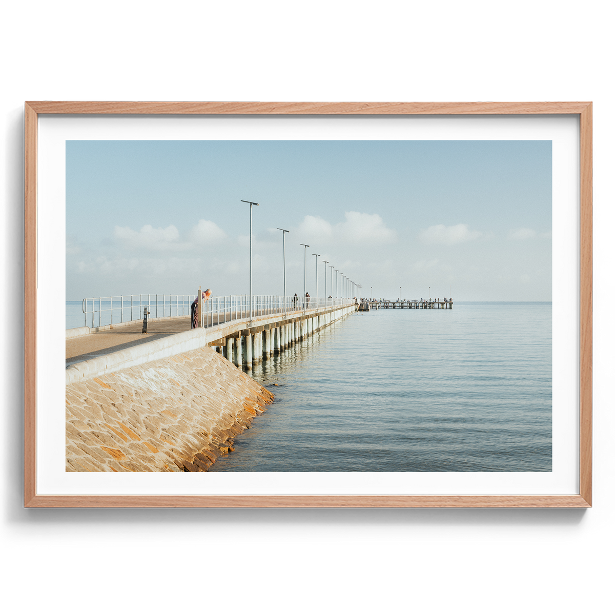 Morning Stillness at Rye Pier artwork presented in an oak frame