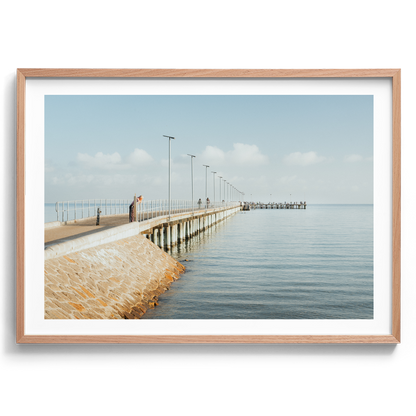 Morning Stillness at Rye Pier artwork presented in an oak frame