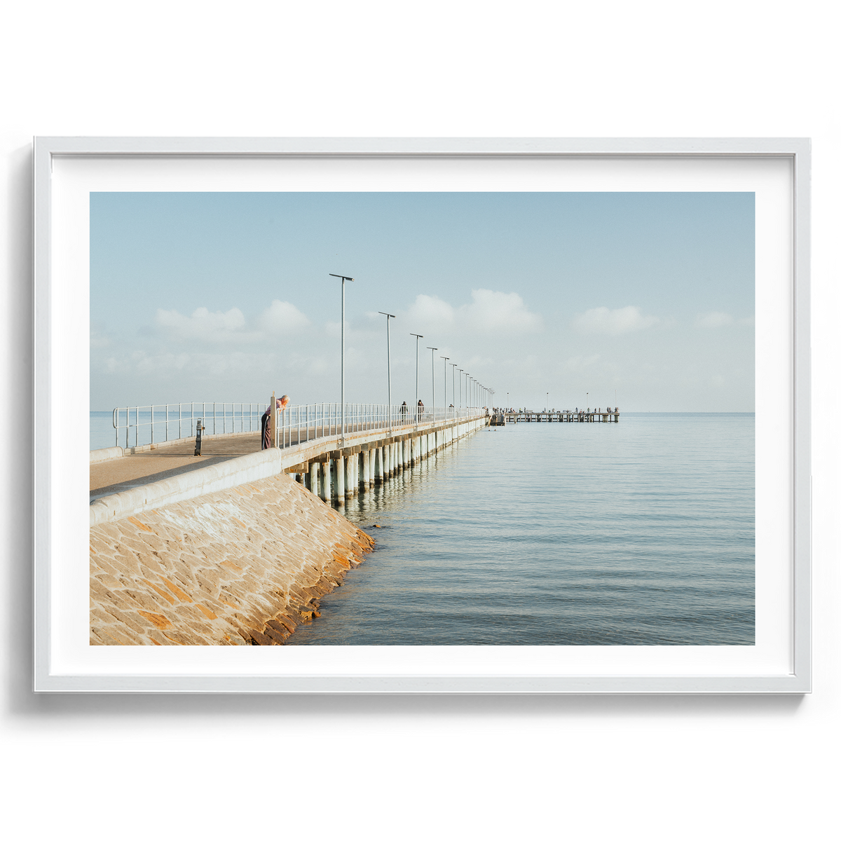 Morning Stillness at Rye Pier artwork presented in a white frame