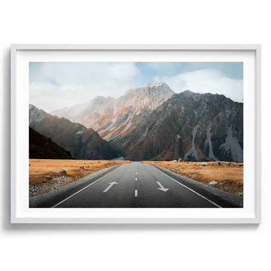 Mt Cook National Park in New Zealand artwork presented in a white frame