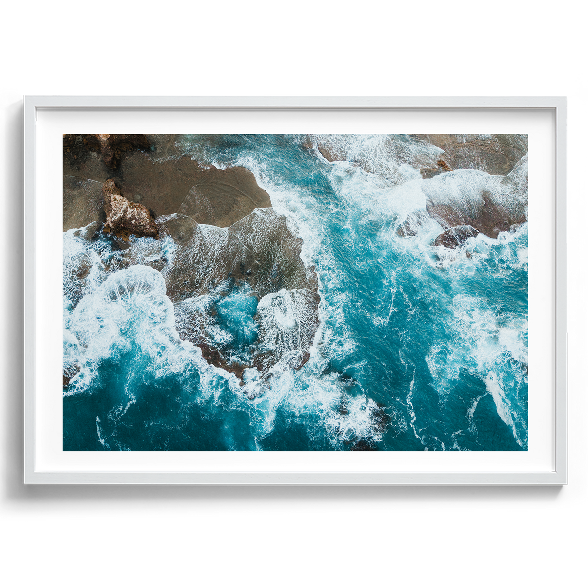 Number 16 Beach Aerial in Rye artwork presented in a white frame