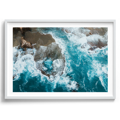 Number 16 Beach Aerial in Rye artwork presented in a white frame