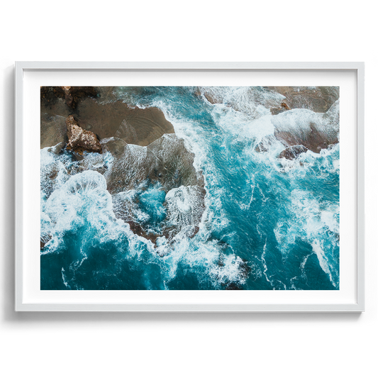 Number 16 Beach Aerial in Rye artwork presented in a white frame