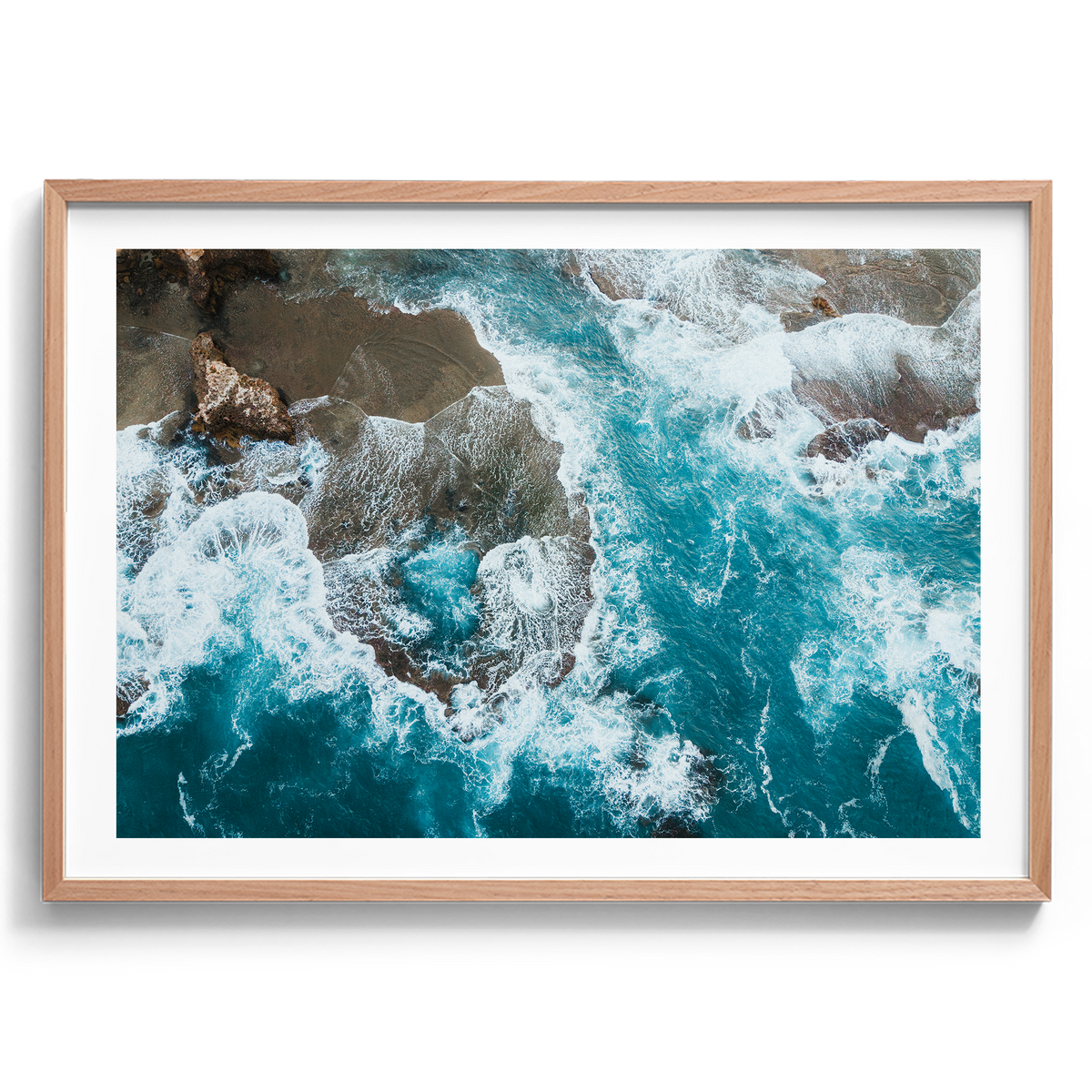 Number 16 Beach Aerial in Rye artwork presented in an oak frame