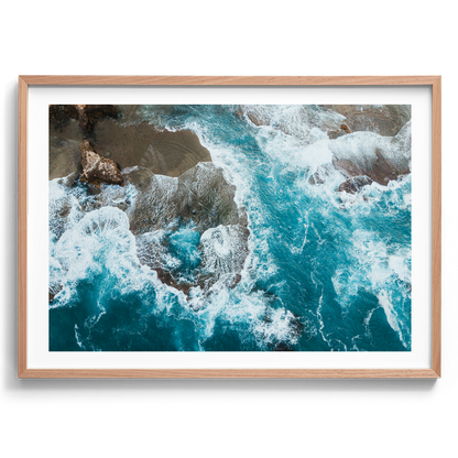 Number 16 Beach Aerial in Rye artwork presented in an oak frame