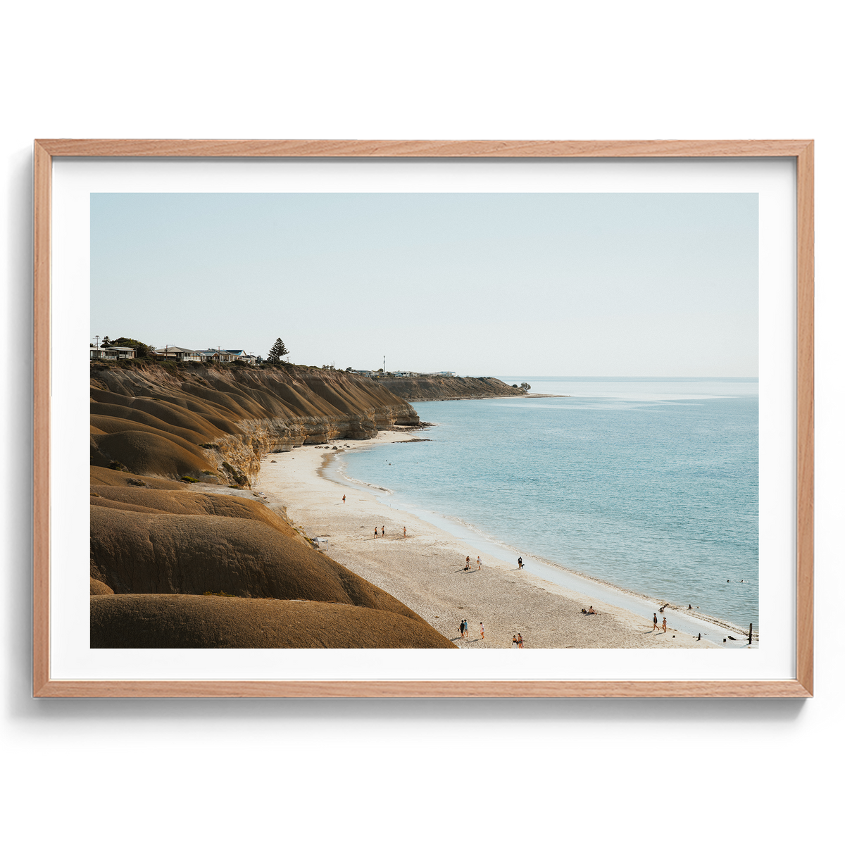 Port Willunga Beach Golden Afternoon artwork presented in an oak frame