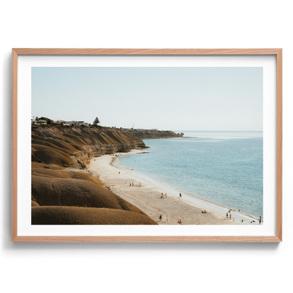 Port Willunga Beach Golden Afternoon artwork presented in an oak frame