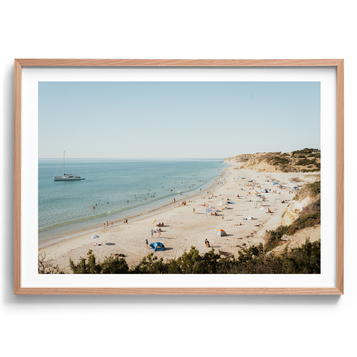 Port Willunga Beach Summer Day artwork presented in an oak frame