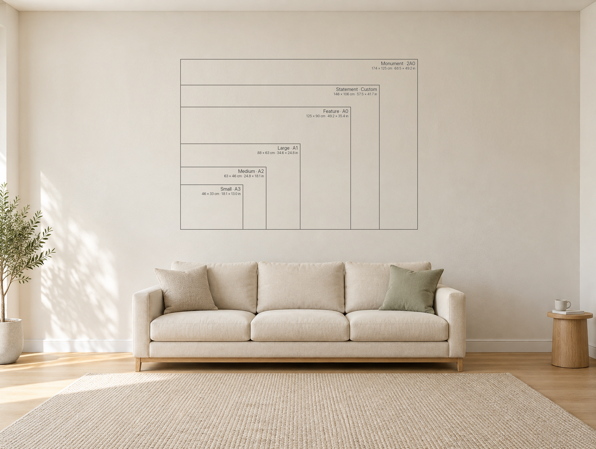 LTP.Co artwork size comparison showing Small through Monument above a sofa