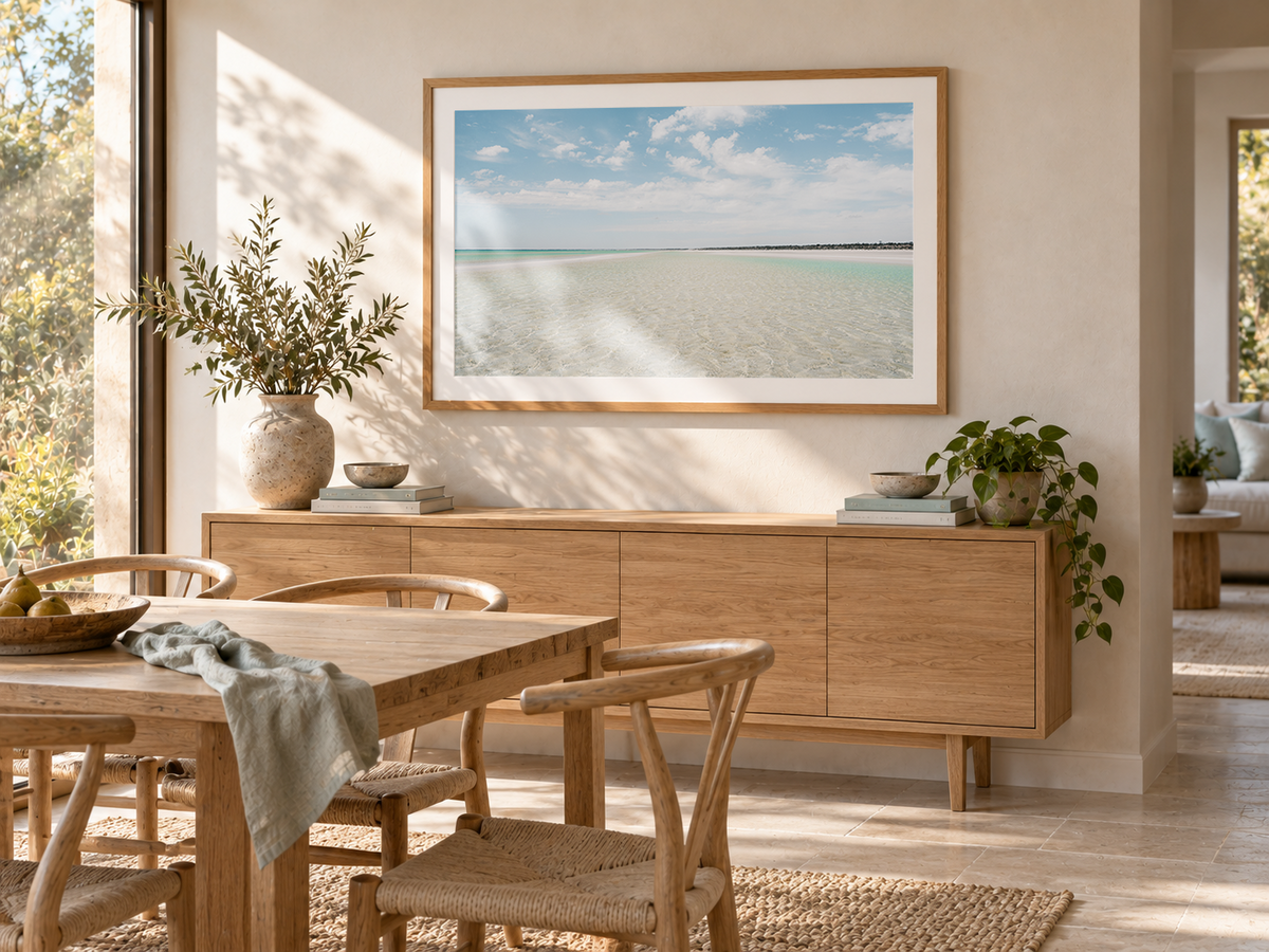 LTP.Co Flaherty Beach artwork framed in an interior